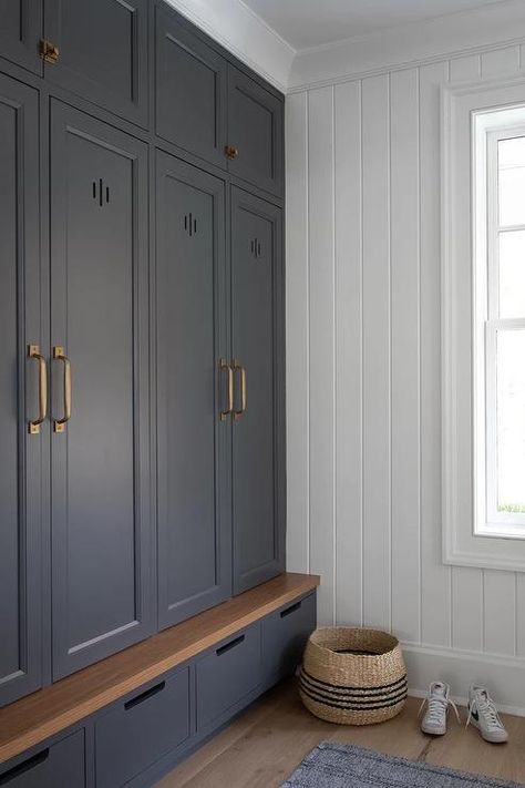 Dark Gray Mudroom Lockers with Doors - Transitional - Laundry Room Dark Gray Mudroom, Mudroom Lockers With Doors, Lockers With Doors, Coat Cupboard, Mudroom Addition, Transitional Laundry Room, Mudroom Cubbies, Built In Lockers, Mudroom Cabinets