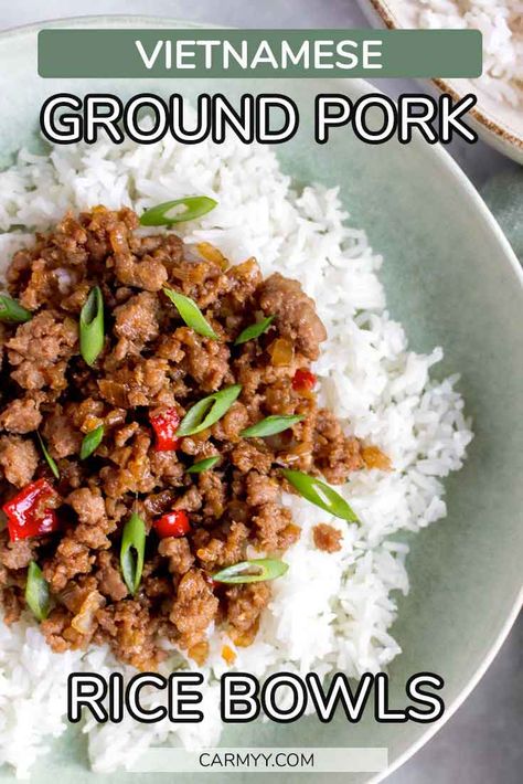 These Vietnamese Ground Pork Bowls come together so quickly and are so flavourful! Make them as an easy weeknight dinner or prepare them on the weekend as a meal prep. You only need a handful of ingredients and you’ll have dinner on the table in less than 30 minutes! Ground Pork Bowls, Ground Pork Recipes Easy, Pork And Rice Recipes, Pork Bowls, Healthy Eating Lunch, Ground Pork Recipes, Fast Meals, Healthy Bowls Recipes, Pork Recipes Easy