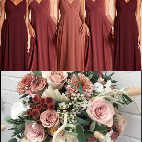 Terra Rosa Wedding, Cinnamon Rose Wedding Color Scheme Bridesmaid Dress, Wine Wedding Color Scheme, Desert Rose Wedding Florals, Rosewood Bridesmaid Dress With Groomsmen, Dessert Rose Wedding Color Scheme, Rosewood Wedding Color Flowers, Bridesmaid Dresses Colour Palette, Sangria Color Wedding