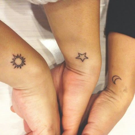 Sun, Moon, and Star Sister or Friend Tattoos Tattoo Sonne, Tattoo Placements, Matching Sister Tattoos, Circle Tattoo, Sibling Tattoos, Bff Tattoos, Sun Tattoos, Friendship Tattoos, Matching Tattoo