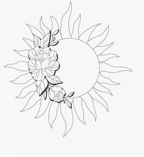 Floral Sun Tattoo Design, Sun With Roses Tattoo, Sun Flower Tattoo Stencil, Sun With Butterfly Tattoo, Sun And Flower Tattoo Simple, Sunshine Flower Tattoo, Sun And Floral Tattoo, Sunshine And Flowers Tattoo, Sun And Leaves Tattoo