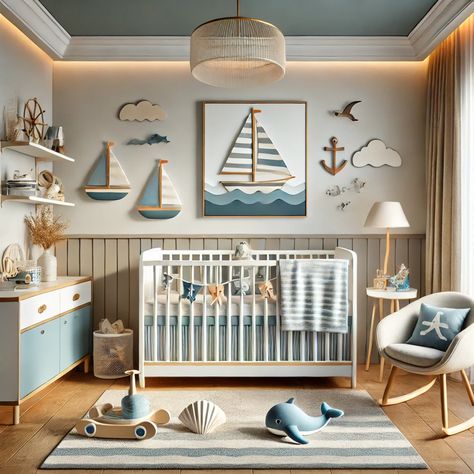 Une chambre de bébé moderne et apaisante sur le thème marin et bord de mer, avec des tons doux de bleu, blanc et beige sable. Le berceau est décoré de draps à motifs nautiques avec des rayures et des petits voiliers. Le mur présente des illustrations marines minimalistes telles que des vagues et des mouettes. Un coin cosy est agrémenté d'un tapis en forme de coquillage et d'un coussin en forme d'ancre. L'éclairage doux et la lampe à thème nautique créent une atmosphère chaleureuse. Des décorations telles que des bateaux en bois et un modèle de phare ajoutent au charme marin. Sur le tapis, un petit bateau en peluche et un dauphin en peluche apportent une touche de fantaisie et de jeu. Nautical Boy Nursery, Marine Baby, Sailor Baby, Rh Baby, Cozy Nursery, Baby Zimmer, Moodboard Inspiration, Nursery Room Inspiration, Nautical Nursery