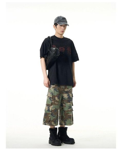 Camo Wide Leg Cargo Shorts • Black Vault: 77Flight • Shop Innovative Fashion Styles From Asia . . #streetwear #streetfashion #outfitidea #grunge #mensfashion #y2k Cargo Shorts Black, Camo Men, Innovative Fashion, Shorts Black, Fashion Styles, Fashion Pants, Cargo Shorts, Camo, Wide Leg