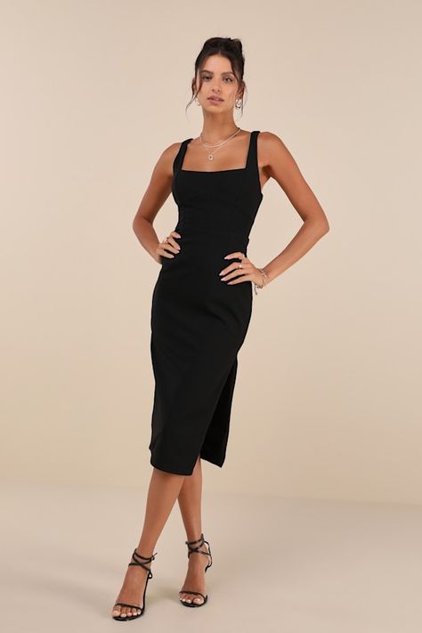 Vibrant Allure Black Square Neck Sleeveless Bodycon Midi Dress Black Midi Dress Graduation, Sleeveless Elastane Bandage Dress For Night Out, Chic Sleeveless Bandage Dress, Chic Sleeveless Elastane Bandage Dress, Bodycon Sleeveless Party Dress, Bodycon Sleeveless Elastane Dress For Party, Bodycon Sleeveless Dress For Party, Chic Sleeveless Bandage Dress For Night Out, Elastane Bodycon Sleeveless Dress For Party