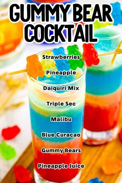 Bright and colorful, our gummy bear drink will delight all the grown-ups at your next party. This fruity beverage features layers of flavored alcohol-infused slushie and is garnished with a fun candy topper that is perfect for hot summer days. Gourmet Drinks, Alcoholic Drinks Sweet, Unique Mixed Drinks, Alcohol Slushies, Candy Cocktail Recipes, Fruity Alcohol Drinks Easy, Candy Drinks Nonalcoholic, Cool Alcoholic Drinks, Fruity Drinks With Alcohol