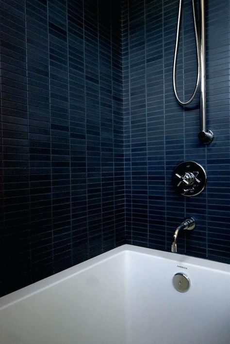 Ann Sacks Context Field Tile in Metallic Black, stacked, with super dark blue or black grout. For behind the toilet. Hex Tiles Bathroom, Stacked Tile, Dark Blue Tile, Dark Blue Bathrooms, Bathroom Grout, Black Tile Bathrooms, Blue Bathroom Tile, Black Grout, Bathroom Ensuite