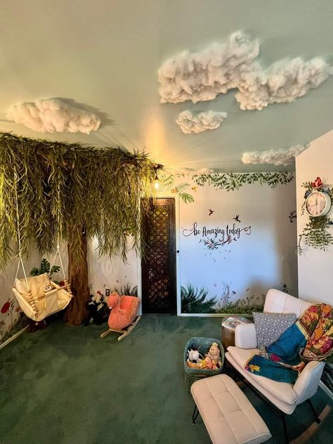 Diy Forest Ceiling, Toddler Forest Room, Magic Forest Kids Room, Kids Forest Themed Bedroom, Magical Forest Room Decor, Enchanted Forest Toddler Room, Treehouse Themed Bedroom, Forrest Bedroom Theme, Kids Forest Room