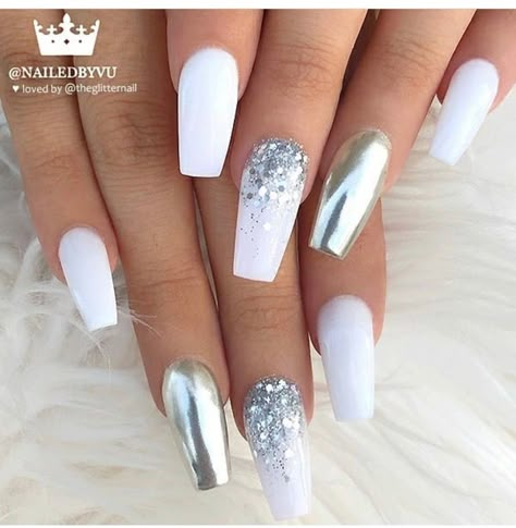 Matte White Nails, Coffin Nail Designs, Nails Design Ideas, Polish Art, White Acrylic Nails, Glam Nails, Silver Nails, Coffin Nails Designs, Creative Nails