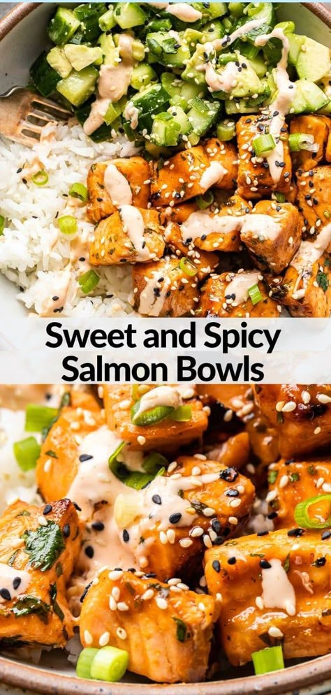 Quick Easy Gf Dinner, Crunchy Salmon Bowl, Asian American Recipes, Sweet And Spicy Salmon Bowl, Salmon Bowl With Spicy Mayo, Spicy Salmon Cucumber Boats, Salmon And Rice Meal Prep, Simple Monday Dinner, Salmon Bowls Rice