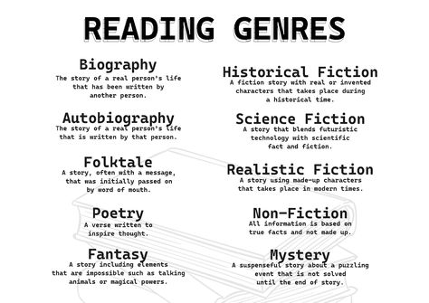 Books Genre List, Reading Level Chart, Reading Genre Posters, 100 Book Challenge, Reading Genres, Genre Posters, Genre Of Books, Childrens Poetry, Teaching Literature