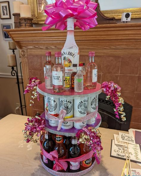 21st Birthday Booze Cake, Seltzer Cake Tower, Booze Cake Tower, Alcohol Tower 21st Birthday, Alcohol Basket Ideas, 21st Birthday Bottle, 18th Birthday Gifts For Best Friend, 21st Birthday Beer Cake, Liquor Cakes