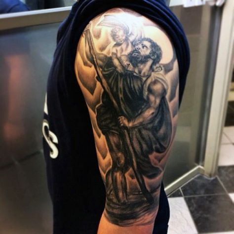 Gentleman With Saint Christopher Shaded Half Sleeve Arm Tattoos St Joseph Tattoo, St. Jude Tattoo, St Christopher Tattoo, Katy Perry Tattoos, Cover Up Tattoos For Men, Icarus Tattoo, Pocket Watch Tattoos, Religious Tattoos, Leg Sleeve Tattoo