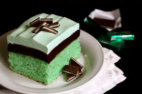 Grasshopper Cake from afarmgirlsdabbles.com - This mint and chocolate cake is a longtime family favorite, a recipe I've enjoyed nearly all my life. Layers of mint cake, chocolate fudge, and minty whipped cream make this the perfect dessert for the Christmas season or for St. Patrick's Day...or absolutely any day! #grasshopper #mint #chocolate #fudge #layer #layered #andes #christmas #stpatricksday #green Grasshopper Cake Recipe, Grasshopper Cake, Woolworth Cheesecake, St Patricks Day Cakes, Lemonade Cake, Mint Desserts, Mint Cake, A Piece Of Cake, Trending Recipes