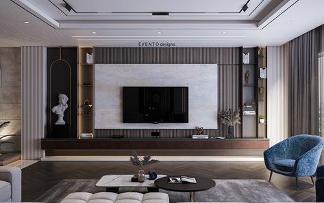 Modern Living on Behance Tv Wall Panelling Design, Room Tv Cabinet Design, Tropical Farmhouse, Tv Unit Design Modern Living Luxury, Modern Living Room Tv, Tv Unite, Lcd Unit Design, Living Room Tv Cabinet Designs, Luxury Tv Wall