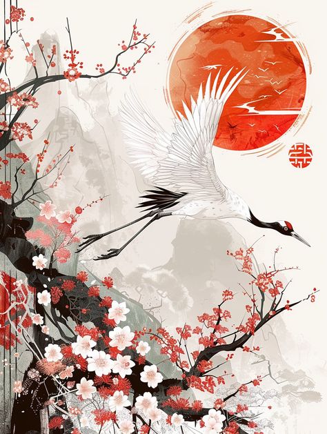 a white crane taking flight surrounded by cherry blossoms and the setting sun on a white background using Japanese-style patterns and motifs in the style of traditional Japanese art --ar 3:4 Japanese Background Aesthetic, Japanese Pattern Tattoo, Japanese Sun Art, Japanese Art Cherry Blossom, Japanese Crane Art, Cherry Blossom Drawing, Japanese Background, Japanese Wallpaper Iphone, Japanese Art Styles