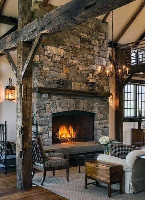 Top 70 Best Stone Fireplace Design Ideas - Rustic Rock Interiors Farmhouse Fireplace Ideas, Design Camino, Stone Fireplace Designs, Cabin Fireplace, Fireplace Update, Farmhouse Fireplace, Rustic Fireplaces, Stone Barns, Home Fireplace