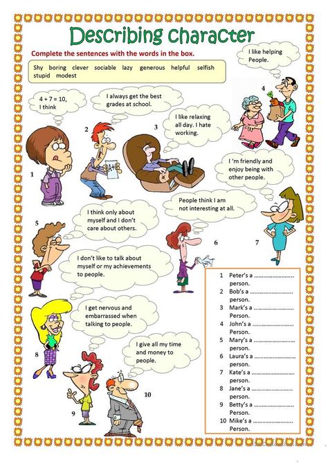 Describing character (part 1) - English ESL Worksheets for distance learning and physical classrooms Characters Worksheet, Describing People, Character Worksheets, Describing Characters, English Exercises, Speaking Activities, English Worksheets For Kids, English Vocab, English Language Teaching