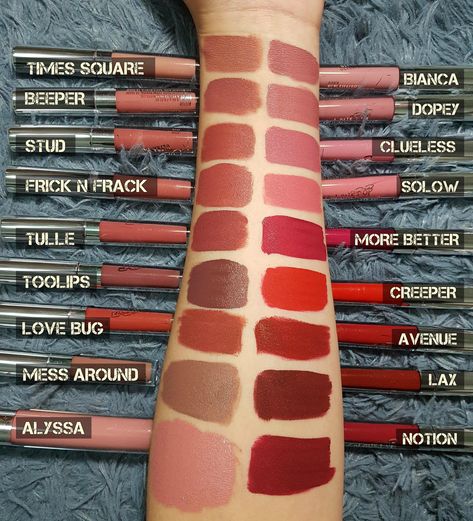 colourpop liquid lipsticks swatches (mini lipstick set : Foxy, It's Vintage, on a whim, the good times)   TIMES SQUARE,  BEEPER,  STUD, FRICK N FRACK,  TULLE,  TOOLIPS,  MESS AROUND,  ALYSSA,  BIANCA,  DOPEY,  CLUELESS,  SOLOW,  MORE BETTER,  CREEPER,  AVENUE,  LAX,  NOTION Colourpop Lipstick Swatches, Colourpop Liquid Lipstick, Colourpop Lipstick, Liquid Lipstick Swatches, Lipstick Tattoos, Lipstick For Fair Skin, Mini Lipstick, Lipstick Designs, Dark Lipstick