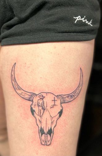 15 Longhorn Skull Tattoo Ideas Cow Skull Shin Tattoo, Zach Bryan Cow Skull Tattoo, Traditional Long Horn Skull Tattoo, Cow Skull Tattoo Men, Longhorn Tattoo For Men, Bull Skull Tattoo For Men, Bull Tattoo Men, Steer Skull Tattoo, Western Skull Tattoo