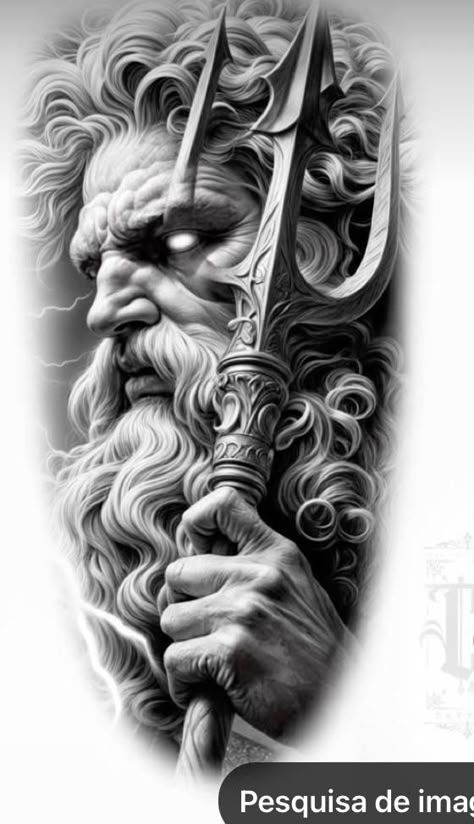 God Tattoo Design, Black And Grey Tattoo Design, Ocean God, Ship Tattoo Sleeves, Grey Tattoo Design, Trident Tattoo, Greek God Tattoo, Greek Tattoo, Poseidon Trident