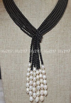 50" Beautiful 3 Strands Natural 4mm Black Agate Freshwater Pearl Necklace Y22197 Beautiful Wedding Jewelry, Girlfriend Necklace Gift, Necklace With Pearls, Diy Jewelry Necklace, Beaded Jewlery, Beaded Necklace Diy, Jewel Necklace, Cultured Pearl Necklace, Freshwater Pearl Necklace