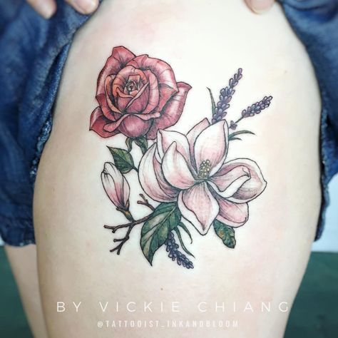 Magnolia And Roses Tattoo, Magnolia And Rose Tattoo, Pink Magnolia Tattoo, Botanical Tattoos, Dinosaur Tattoo, Magnolia Tattoo, Lavender Tattoo, Dinosaur Tattoos, Cute Tats