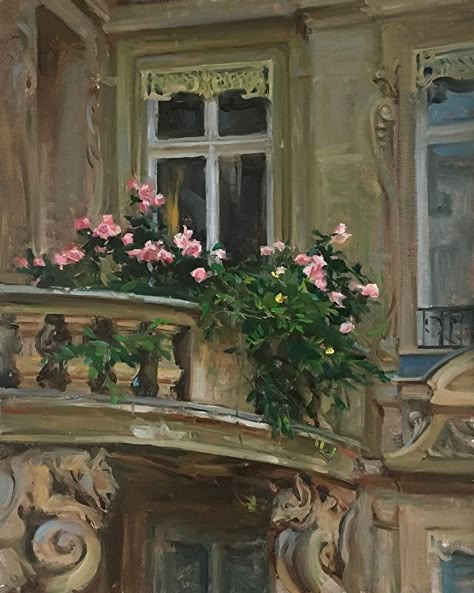 Ma As A Painting, Old Money Painting Ideas, Oil Painting Widget, Pretty Oil Paintings, Balcony Drawing Reference, Art Oil Paintings Aesthetic, Balcony Painting Ideas, Balcony Sketch, Pretty Paintings Easy