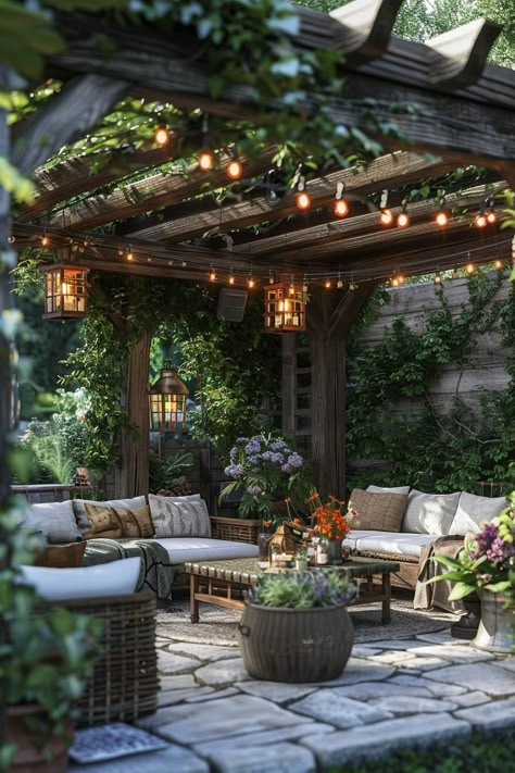 15 Stunning Pergola Patio Ideas You’ll Fall In Love With Pergola With Flagstone Patio, Pergola Dining Area, Pagola Ideas Pergolas, Pergola With Vines, Rustic Pergola Ideas, Garden Pergola Ideas, Patio With Pergola, Garden Pergola, Pergola Patio Ideas