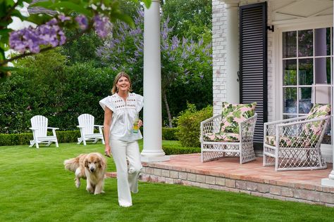 This Local Designer Revamped Her Home with Color, Courtyards, and Southern Charm - D Magazine Southern Home Exterior, Southern Front Porch, Dallas Homes, Home With Color, Southern Porches, Antique Brick, Brick Walkway, Southern Traditional, Tudor Revival