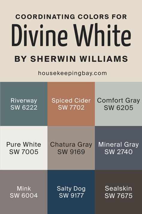 Divine White Coordinating Colors, Divine White Sherwin Williams, Spiced Cider Sherwin Williams, Coordinating Paint Colors, Farmhouse Color Scheme, Sherwin Williams Gray, House Paint Color Combination, Pintura Exterior, Comfort Gray