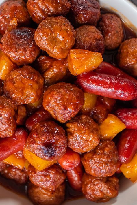 Meatball Pineapple Smokies | 12 Tomatoes Meatball Pineapple Smokies, Pineapple Smokies, Pineapple Meatballs, Cocktail Weenies, Smokies Recipe, Cocktail Appetizers, Crock Pot Meatballs, Slow Cooker Meatballs, 12 Tomatoes