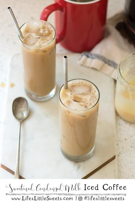 Sweetened Condensed Milk Iced Coffee is a sweet, ice-y cold, 2-ingredient coffee drink recipe that is great for camping, making for a crowd for entertaining or for individuals alike. #coffee #icedcoffee #sweetenedcondensedmilk #drinks #dairy #colddrinks Iced Coffee Recipe With Condensed Milk, Condensed Milk Iced Coffee, Milk Images, Condensed Milk Coffee, Coffee Recipes Hot, Sweetened Condensed Milk Recipes, Coffee Summer, Sweet Condensed Milk, Cold Brew Iced Coffee