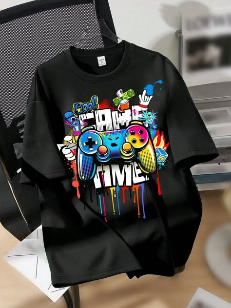 Black Casual Collar Short Sleeve Knitted Fabric Cartoon,Geometric,Letter  Embellished Slight Stretch  Teen Boys Clothing Video Game Pattern, T-shirt Photography, Simple Video, Trendy Shirt Designs, Teen Boy Outfits, Stylish Hoodies, Mens Casual Dress Outfits, Shirt Refashion, Shirt Print Design