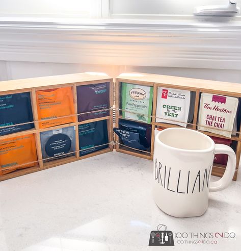 Diy Tea Box Storage, Tea Bag Display Ideas, How To Store Tea Bags, Diy Dollar Tree Tea Organizer, Tea Bag Organizer Ideas, Tea Bag Storage Ideas Diy, Dollar Tree Tea Organizer, Diy Tea Storage Ideas, Diy Tea Organizer Ideas