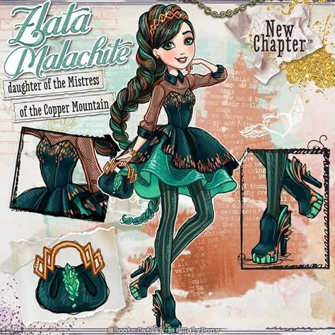 Holivi Infanzya 在 Instagram 上发布：“@boots.catlin made for me a beautiful drawing of my character - Zlata Malachite, Daughter of the mistress of the Copper Mountain. I came…” Ever After High Names, Eah Oc, Ever After High Rebels, Princess Inspired Outfits, Childhood Images, Regal Academy, Ever After Dolls, Doll Design, Copper Mountain