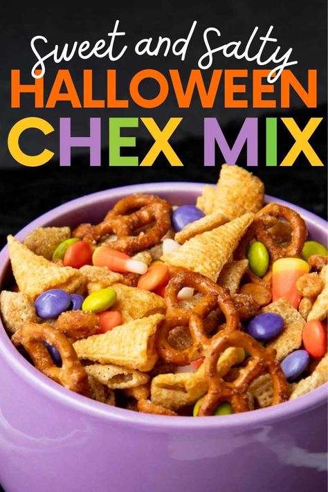 Mix up a batch of this Halloween Chex mix for the most ghostly holiday around. It is perfect for parties! Harvest Chex Mix Halloween Party, Halloween Trail Mix Recipe Nut Free, Halloween Check Mix, Chex Mix With Bugles, Halloween Mix Snack, Halloween Snack Mix Recipes, Halloween Trail Mix Recipe, Fall Snack Mix Recipes, Halloween Chex Mix Recipes