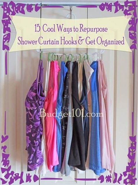 Repurposing Shower Curtain Hooks! 15 ways to repurpose this common household item... Curtain Rod Hooks, Diy Hooks, Tie Organization, Shower Hooks, Shower Rod, Shower Curtain Rods, Shower Cleaner, Shower Curtain Hooks, Shower Curtain Rings