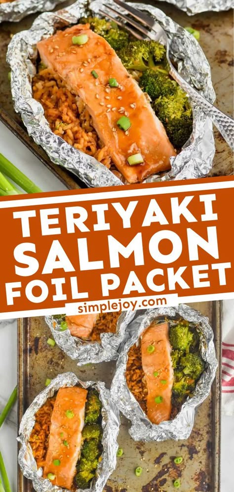 A super easy, low-maintenance camping food idea in 30 minutes! This teriyaki salmon recipe cooks just perfectly in foil packets with broccoli. Check out some substitutions and variations for this… Foil Packet Meals Salmon, Salmon Hobo Dinner Foil Packets, Easy Summer Salmon Recipes, Salmon Packets On The Grill, Camping Salmon Foil Packets, Salmon Cooked In Foil, Seafood Foil Packets Grill, Foil Packets For The Grill Salmon, Salmon Foil Packets Air Fryer