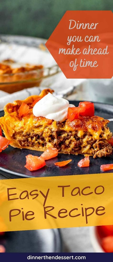 Easy Taco Pie recipe for a quick family friendly dinner with classic taco flavors! Hearty cheesy beef taco meat mixture baked in a pie crust. Taco Pie With Bisquick, Easy Taco Pie, Beef Taco Meat, Taco Pie Recipes, Taco Pie, Tamale Pie, Beef Taco, Taco Bake, Slow Cooker Tacos