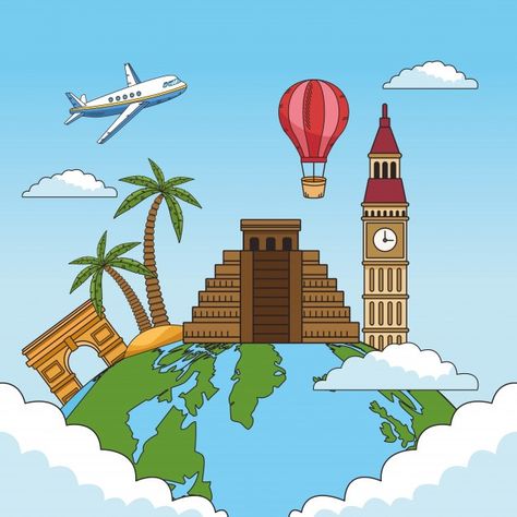 Travel around the world with planet | Premium Vector #Freepik #vector #travel #template #beach #clock Travel Around The World Drawing, Travel Around The World Illustration, Picture Of The World, 7 World Wonders, Travel Template, Around The World Theme, Planet Drawing, Handmade Sketchbook, Tourism Poster