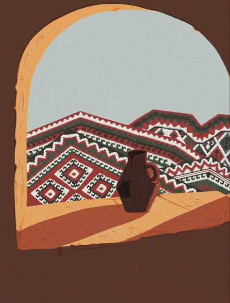 An illustration of an empty vessel and mountains covered in carpets with Armenian traditional ornaments. The empty vessel represents the loss of life and culture that has occurred in Artsakh due to the recent war. The mountains represent the strength and resilience of the Armenian people, even in the face of adversity. The carpets represent the rich heritage and culture of Armenia. Armenian Aesthetic, Armenian Drawings, Armenia Aesthetic, Armenia Art, Armenian Home Decor, Armenian Architecture, Armenian Ornaments, Armenia Map Art, Armenian Paintings