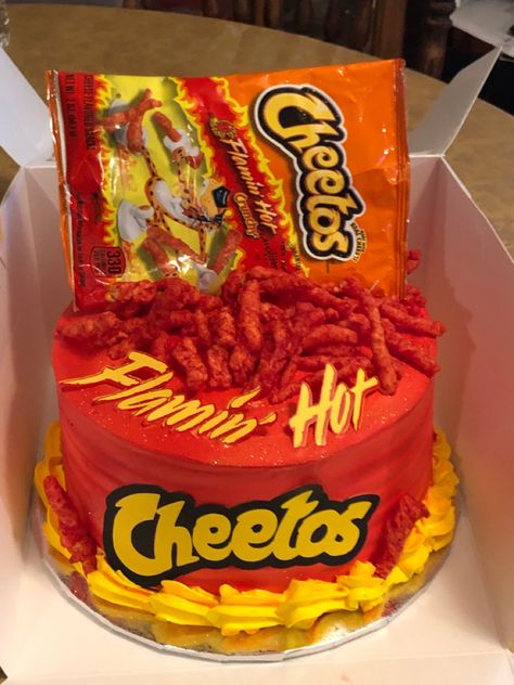 A fun cake for my Cheeto lovers Flaming Hot Cheetos Party Ideas, Flaming Hot Cheetos Birthday Party, Hot Cheetos Cake Ideas, Hot Cheetos Birthday Cake, Hot Cheetos Birthday Theme, Takis Cake Ideas, Wingstop Cake, No Cake Birthday Ideas, Yummy Cakes Birthdays