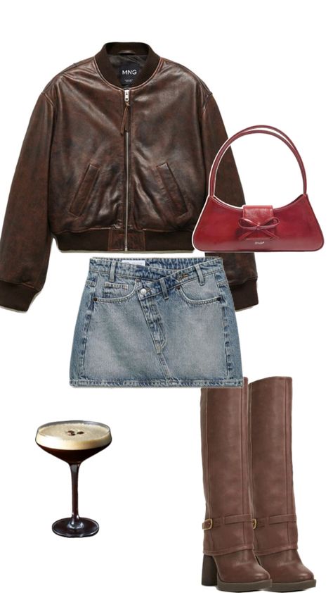 Brown jacket, Jean skirt, maroon bag Tan Skirt Outfits, Brown Jacket Outfit, Maroon Bag, Skirt Outfit Fall, Tan Skirt, Brown Skirt, Brown Skirts, Jacket Outfit, Dark Tan