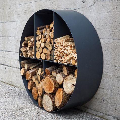 Large Firewood Storage Outdoor, Round Firewood Holder, Wood Storage Indoor Built In, Modern Firewood Storage, Modern Firewood Storage Outdoor, Wood Storage Near Fireplace, Firewood Storage Outside, Wood Store Ideas, Indoor Log Storage Ideas