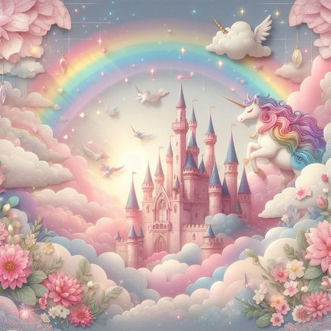 Rainbow Unicorn Wallpaper, Rainbow Castle, Unicorn House, Unicorn Castle, Modern Kids Room Design, House In The Clouds, Unicorn Background, Unicorn Backdrop, Magical Girl Aesthetic