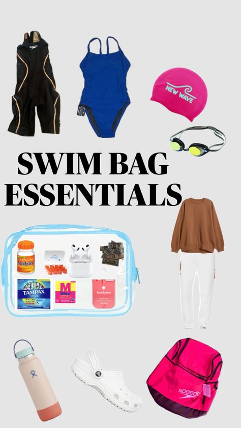 Swim bag essentials. Swim Bag Essentials, Swim Essentials, Swim Bag, Competitive Swimming, Swimming Sport, Swimming Bag, Swim Team, Bag Essentials, Essential Bag