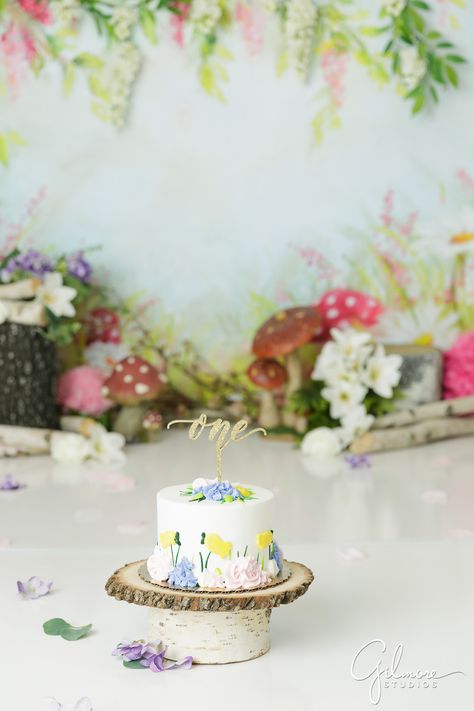 Fairy Cake Smash Session, 1st birthday, one year old, set design, background, prop, girl, dress, french's cupcake bakery Garden Theme Cake Smash, Fairy Cake Smash Photography, Cake Smash Fairy Theme, Whimsical Cake Smash, One Year Old Fairy Photoshoot, Fairy Birthday Smash Cake, Fairy First Cake Smash, Fairy Garden Cake Smash, Fairy Smash Cake Ideas