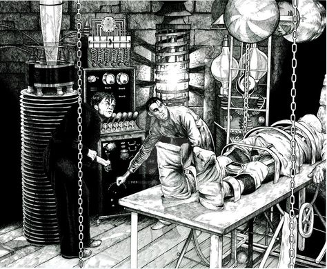 Frankenstein's Laboratory by stephenburger on DeviantArt Mad Scientist Lab, Scientist Lab, Goth Bride, Room Drawing, Carte Halloween, Classic Monsters, Bride Of Frankenstein, Rocky Horror, Sketchbook Ideas