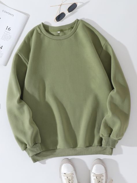 Army Green Casual Collar Long Sleeve Fabric Plain Pullovers Embellished Slight Stretch Fall/Winter Women Clothing Chic Fall Fashion, Loose Top, Round Neck Sweatshirts, Women Sweater, Round Neck Sweaters, Loose Tops, Fall Fashion Outfits, Brown Fashion, Comfortable Outfits