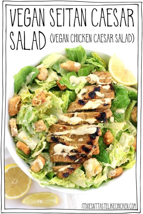 Vegan Seitan Caesar Salad (vegan chicken Caesar Salad)! The perfect healthy meal. Make most of the salad ahead of time and assemble when ready. Gluten-free and oil-free options! #itdoesnttastelikechicken #veganrecipes Grilled Seitan, Vegan Croissant, Vegan Seitan, Vegan Caesar Salad, Healthy Oil, Seitan Recipes, Smaller Portions, Vegan Caesar, Classic Salad